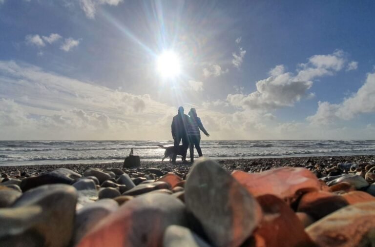 How to start a freelance business: image of a stoney beach with two people and a dog silhouetted in the sunshine.